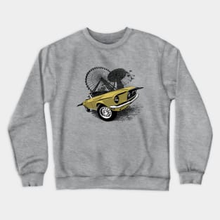 Yellow 68 Mustang convertible against carnival backdrop Crewneck Sweatshirt